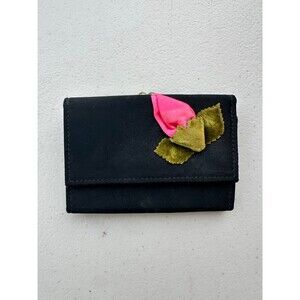 Vintage St. Thomas Blk Floral Applique Faille Kisslock Tri-Fold Coin Wallet